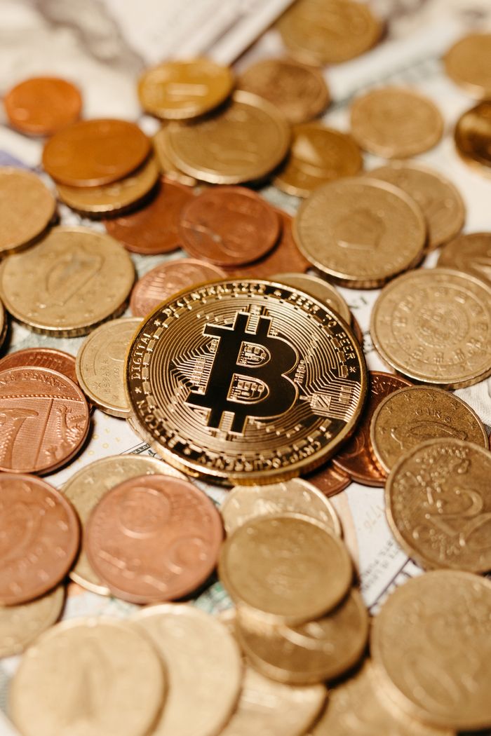 A golden bitcoin among mixed coins symbolizing cryptocurrency and digital finance.